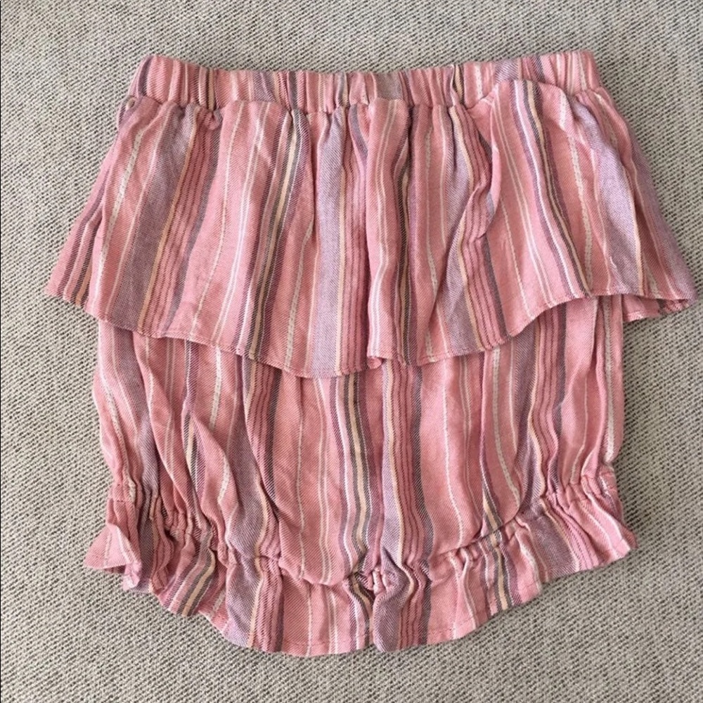Pink striped tube top with flutter detail